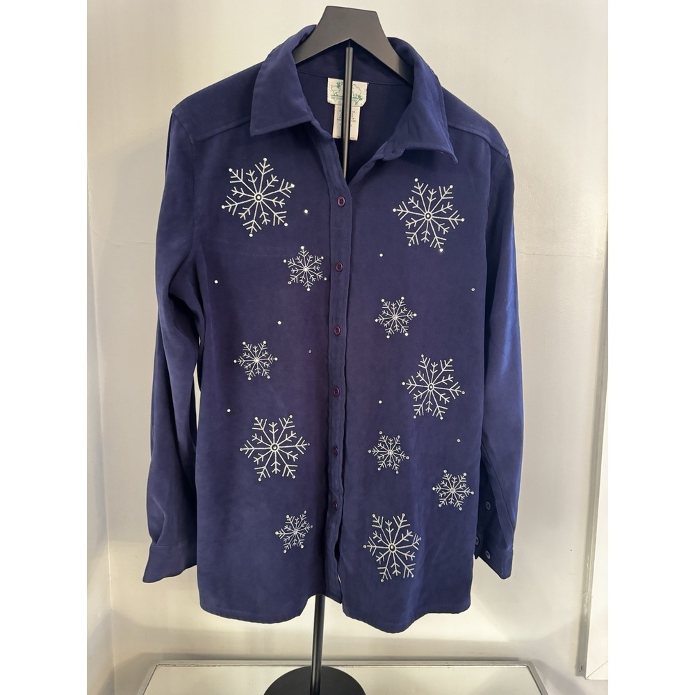 Quacker Factory Sz L Blue Button‎ Shirt Rhinestone Snowflake Embellished Top